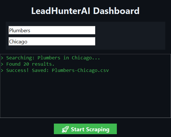 LeadHunterAI after a completed search, showing results and CSV export