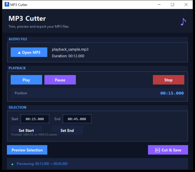 MP3 Cutter with a start and end selection set, previewing the selected range